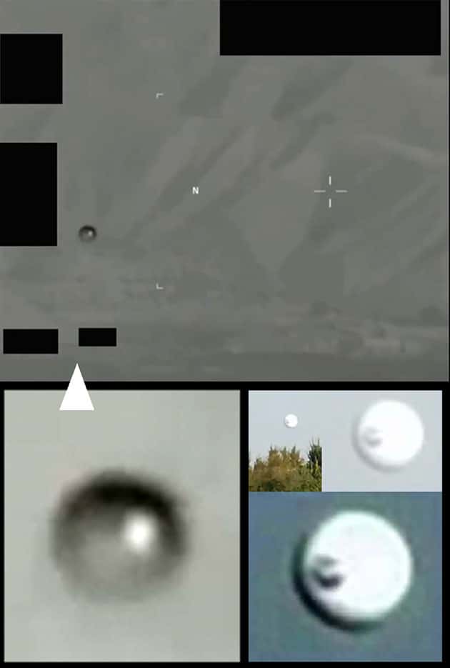 Vergleich zwischen einer im Oktober 2020 aufgenommenen fliegenden Kugel (o. und u.l.) und dem am 29. Oktober 2021 nahe Saarbrücken gefilmten und fotografierten Objekt (u.r.).Quellen: DOW / US Gov. / A. Müller