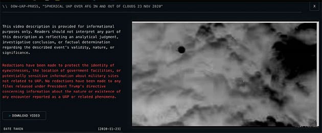 Standbild aus dem Video "Spherical UAP over AFG in and out of clouds 23 Nov 2020.Quelle: DOW / US Gov.
