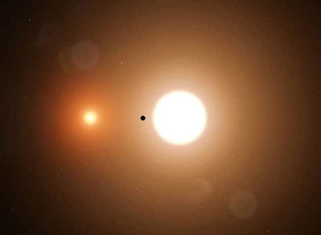 Grafische Darstellung eines Planeten, der zwei „Sonnen“ umkreist (Illu.) Copyright/Quelle: NASA/Goddard Space Flight Center