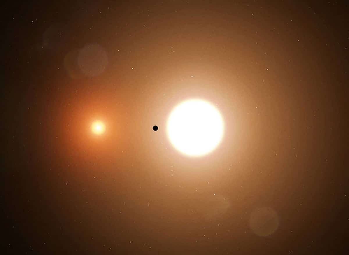 Grafische Darstellung eines Planeten, der zwei „Sonnen“ umkreist (Illu.)Copyright/Quelle: NASA/Goddard Space Flight Center