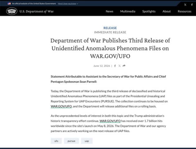 Presseerklärung des US-Kriegsministeriums zur am 12. Juni 2026 veröffentlichten 3. Tranche von UFO-Akten. Copyright: DOW / US. Gov