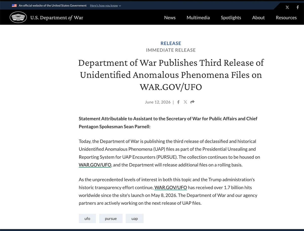 Presseerklärung des US-Kriegsministeriums zur am 12. Juni 2026 veröffentlichten 3. Tranche von UFO-Akten.Copyright: DOW / US. Gov