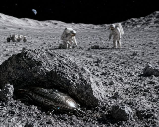 Künstlerische Darstellung einer auf dem Mond verborgenen außerirdischen Sonde (Illu.). Copyright: grewi.de (KI erstellt)