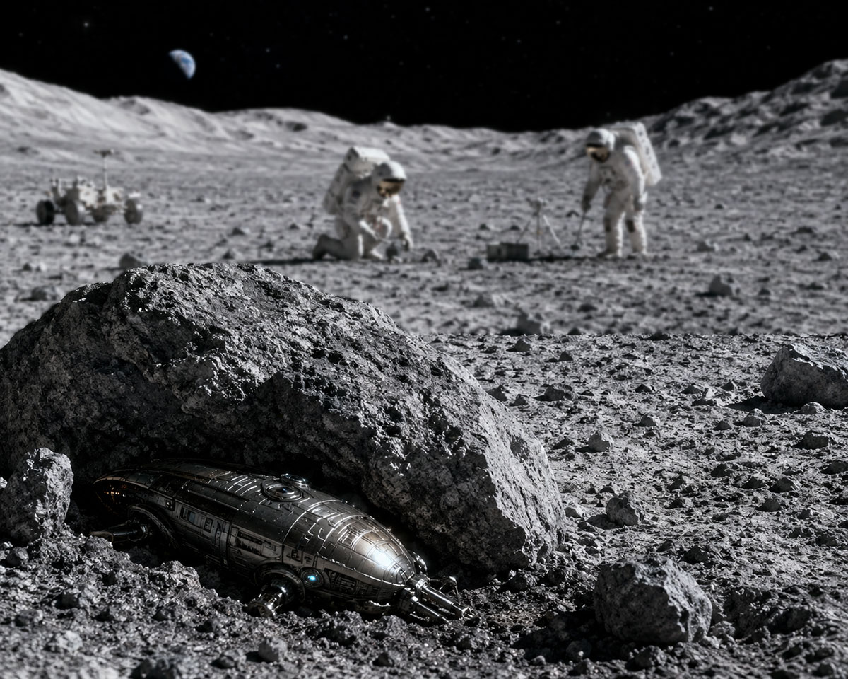 Künstlerische Darstellung einer auf dem Mond verborgenen außerirdischen Sonde (Illu.).Copyright: grewi.de (KI erstellt)