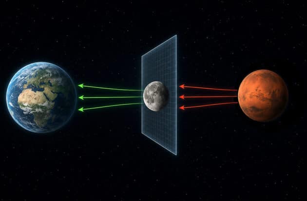 Symbolbild: Der Mond als biologische Firewall zum Schutz der Erde (Illu.). Copyright: grewi.de (KI erstellt)