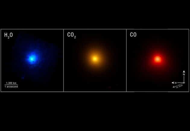 Die drei Webb-Aufnahmen zeigen die Verteilung von Wasser (H₂O), Kohlendioxid (CO₂) und Kohlenmonoxid (CO) in der Koma des interstellaren Kometen 3I/ATLAS. Während Wasser die kleinste Ausdehnung aufweist, erstreckt sich die Wolke aus Kohlenmonoxid deutlich weiter ins All und gibt Einblicke in die chemische Zusammensetzung des uralten Besuchers aus einem fremden Sternsystem. Copyright: NASA, ESA, CSA, STScI, M.Cordiner (Catholic University of America, GSFC)