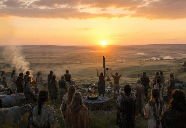 Grafische Rekonstruktion einer Sonnenwendfeiern vor 5000 Jahren nahe Bulford vor: Die beiden aufrechten Holzpfähle bilden eine gedachte Linie zum Sonnenaufgangspunkt (Illu.). Copyright: grewi.de (KI generiert)