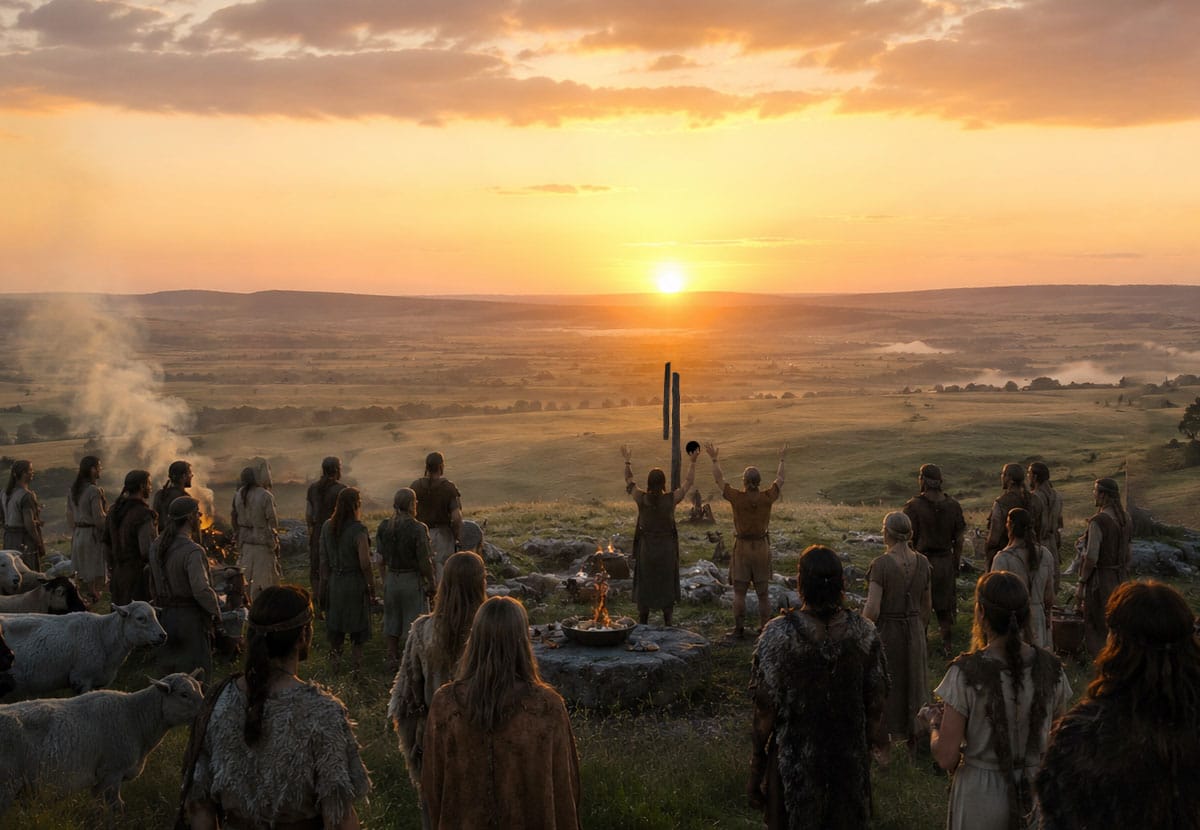 Grafische Rekonstruktion einer Sonnenwendfeiern vor 5000 Jahren nahe Bulford vor: Die beiden aufrechten Holzpfähle bilden eine gedachte Linie zum Sonnenaufgangspunkt (Illu.).Copyright: grewi.de (KI generiert)