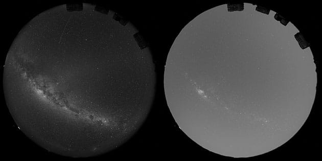 Die Abbildung veranschaulicht, wie das von den Weltraumspiegeln von Reflect Orbital gestreute Sonnenlicht die Gesamthelligkeit des Himmels über dem Very Large Telescope (VLT) der ESO erhöhen würde (l.).Quelle/Copyright: ESO/O. Hainaut