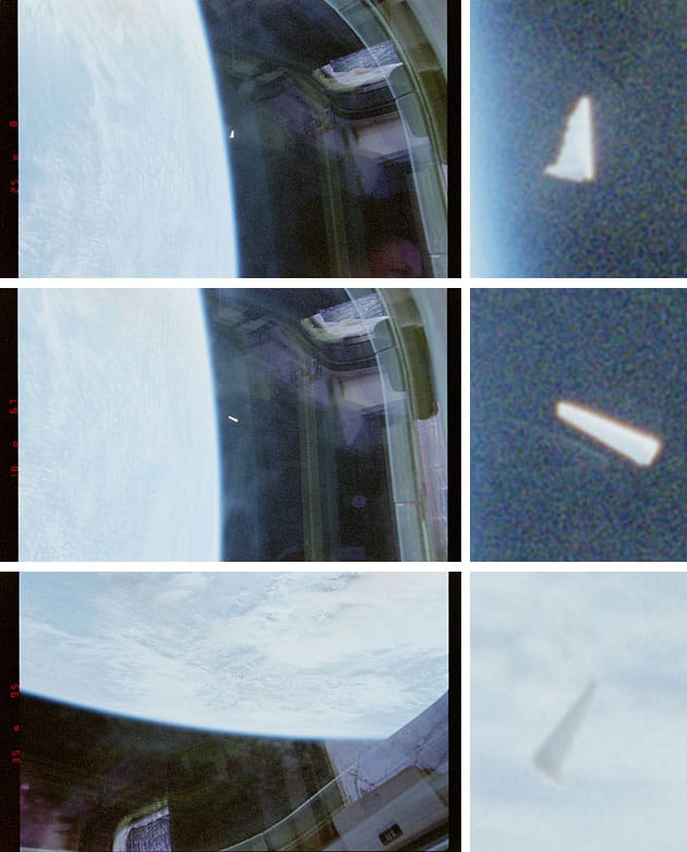 Die NASA-Aufnahmen (mit Detailvergrößerungen, siehe. r.) der "STS-80"-Mission.Quelle: US Gov./DOW/PURSUE/NASA