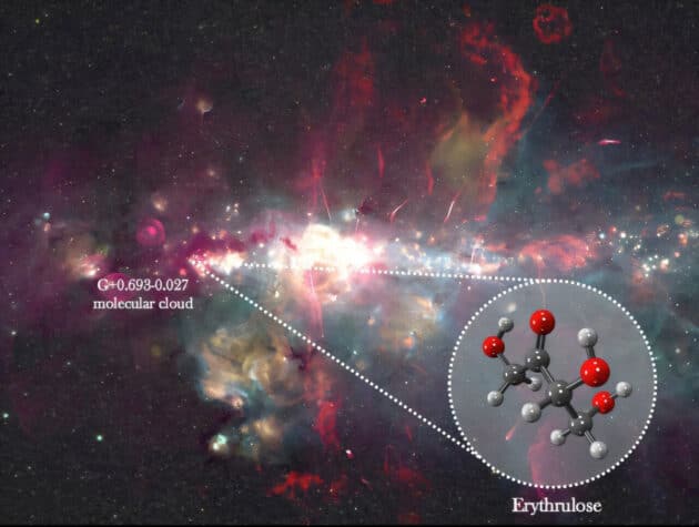 Kompositaufnahme des Galaktischen Zentrums. Grün und Gelb: Emissionen bei 8 µm und 24 µm, aufgenommen mit dem Spitzer-Weltraumteleskop (Churchwell et al. 2009; Carey et al. 2009). Rot: 20-cm-Emissionen, aufgezeichnet mit MeerKAT (Heywood et al. 2019, 2022) und dem Green Bank Telescope (GBT) (Law et al. 2008). Das Bild basiert auf Arbeiten von Henshaw et al. (2023; 10.48550/arXiv.2203.11223) und Longmore et al. (2026; 10.48550/arXiv.2602.20340). Quellen: Ashley Barnes / Izaskun Jiménez-Serra / Juan García de la Concepción