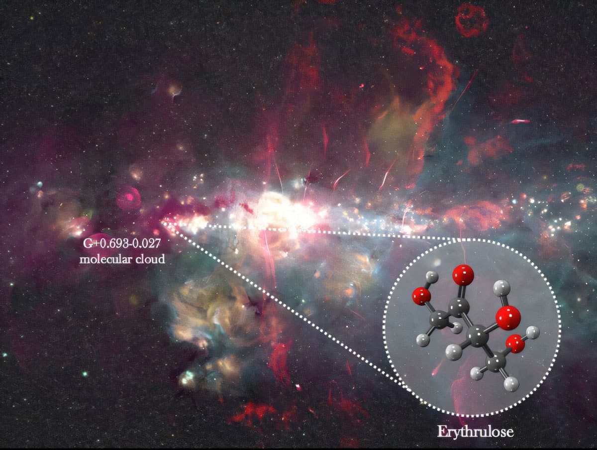 Kompositaufnahme des Galaktischen Zentrums. Grün und Gelb: Emissionen bei 8 µm und 24 µm, aufgenommen mit dem Spitzer-Weltraumteleskop (Churchwell et al. 2009; Carey et al. 2009). Rot: 20-cm-Emissionen, aufgezeichnet mit MeerKAT (Heywood et al. 2019, 2022) und dem Green Bank Telescope (GBT) (Law et al. 2008). Das Bild basiert auf Arbeiten von Henshaw et al. (2023; 10.48550/arXiv.2203.11223) und Longmore et al. (2026; 10.48550/arXiv.2602.20340).Quellen: Ashley Barnes / Izaskun Jiménez-Serra / Juan García de la Concepción