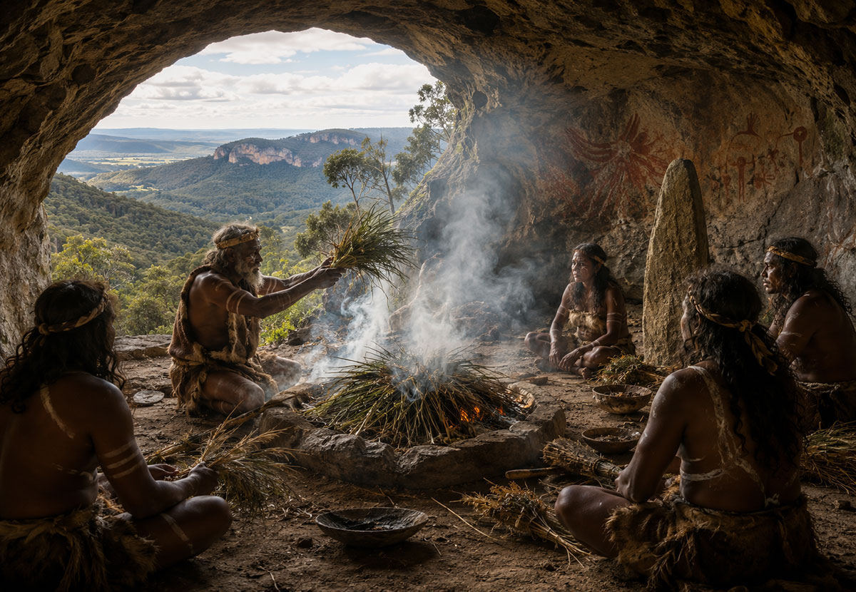 Grafische Darstellung der vorgeschiclichtlichen GunaiKurnai bei der Durchführung von Räucherritualen in der Cloggs Cave (Illu.).Copyright: grewi.de (KI erstellt)