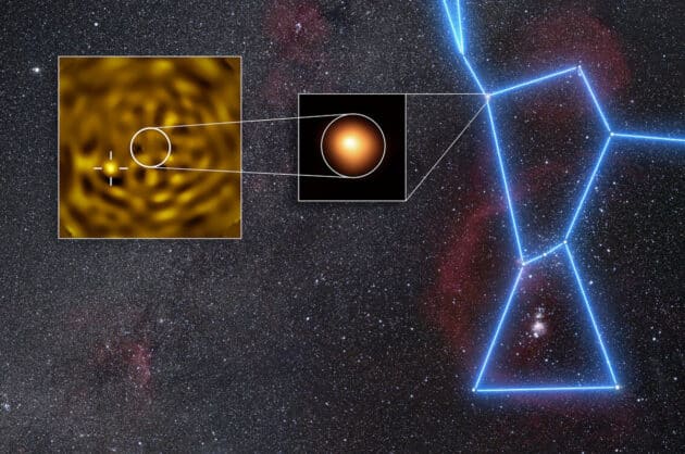 VLT-Aufnahme dessen, was sehr wahrscheinlich ein Begleitstern (Beteigeuze B) ist, der den sog. Orion-Schulterstern Beteigeuze umkreist. Copyright: ESO/M. Montargès et al. Background: N. Rissinger (skysurvey.org)