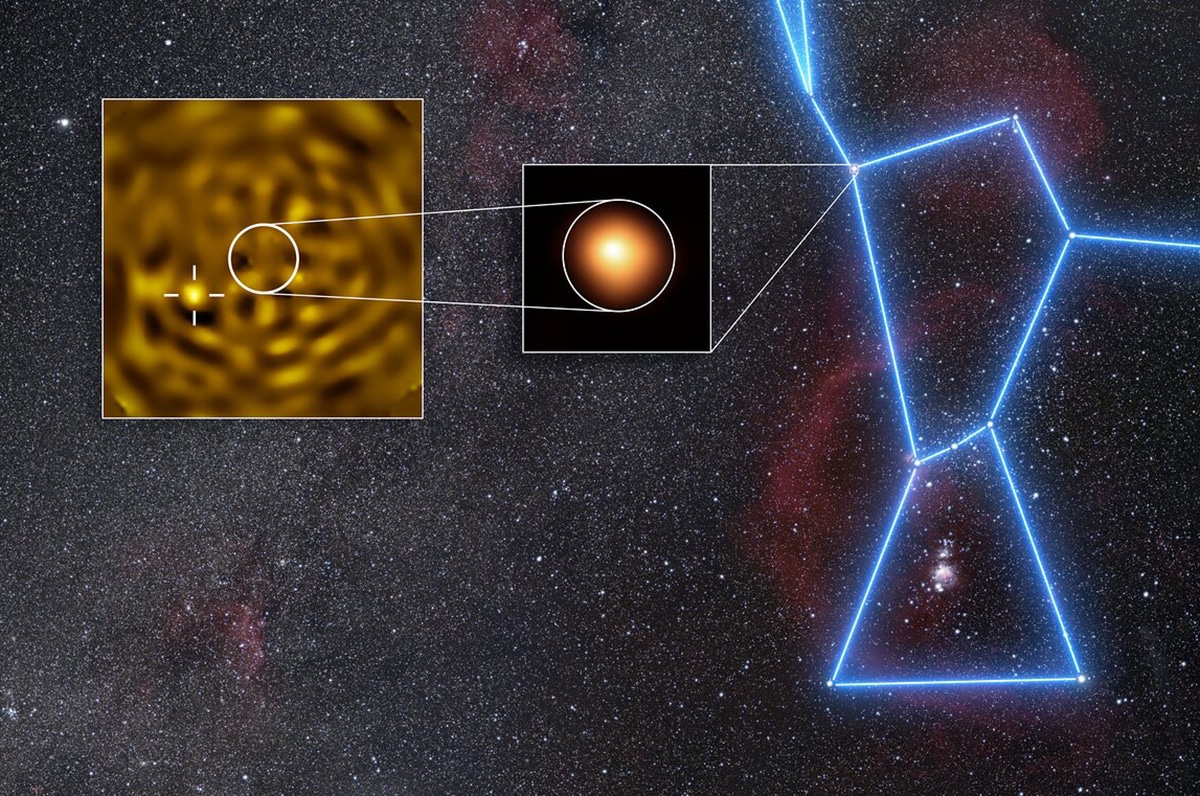 VLT-Aufnahme dessen, was sehr wahrscheinlich ein Begleitstern (Beteigeuze B) ist, der den sog. Orion-Schulterstern Beteigeuze umkreist.Copyright: ESO/M. Montargès et al. Background: N. Rissinger (skysurvey.org)