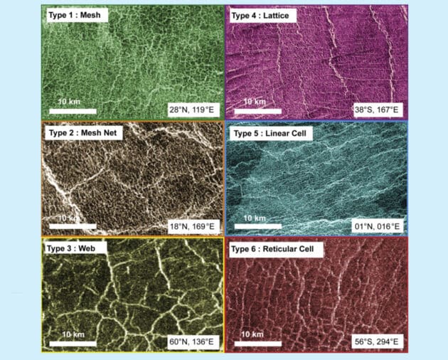 Beispiele der sechs Typen polygonaler Strukturen, jeweils im gleichen Maßstab dargestellt. Copyright: Ghail et al., Earth and Planetary Science Letters 2026