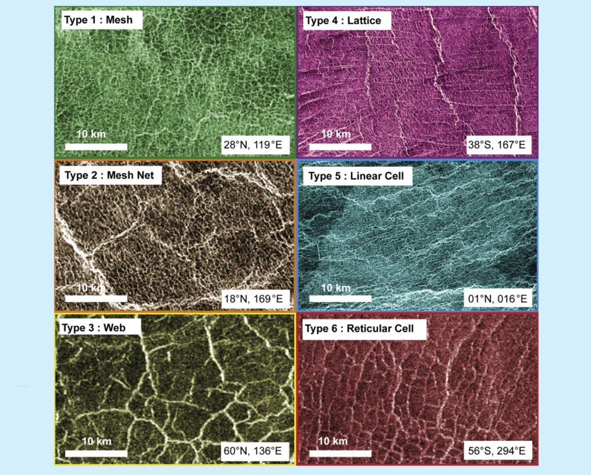 Beispiele der sechs Typen polygonaler Strukturen, jeweils im gleichen Maßstab dargestellt. Copyright: Ghail et al., Earth and Planetary Science Letters 2026