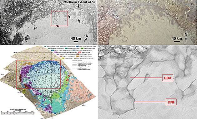 Geländemerkmale in Folge von Flüssigkeitsströmen in der Pluto-Region: Sputnik Planitia.Copyright:/Quelle: The Planetary Science Journal (2026). DOI: 10.3847/psj/ae7e85