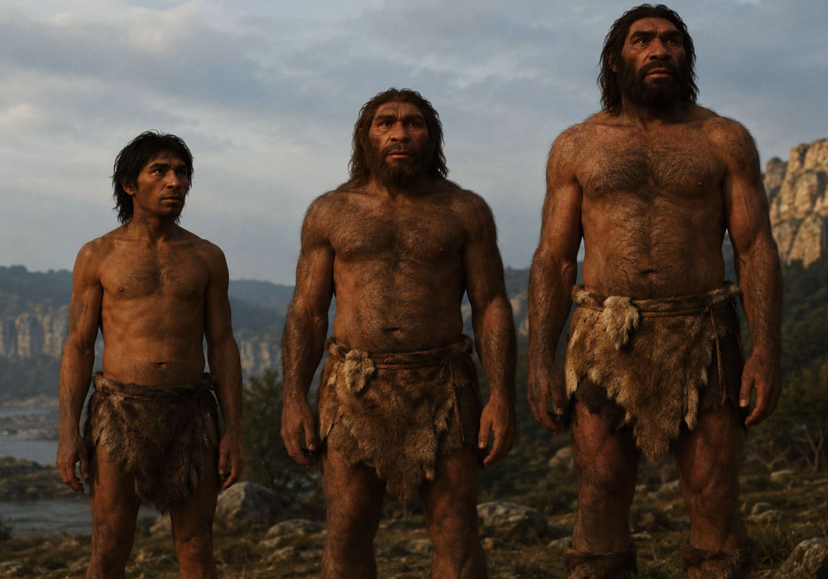 Symbolbild: Rekonstruktion eines Homo sapiens (l.), eines Neandertalers (m.) und eines Denisova-Menschen (r.) im auf Funden basierenden Größenmaßstab (Illu.).Copyright: grewi.de (KI erstellt)