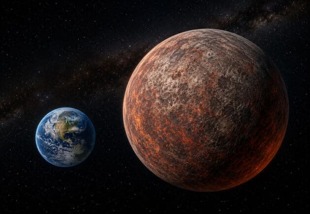 Grafischer Vergleich der Erde (l.) mit dem Planeten „GJ 523b“ (Illu.) Copyright: grewi.de (KI erstellt)