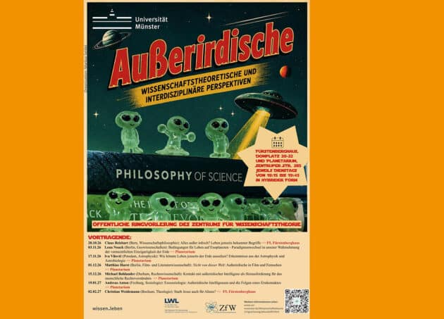 Plakat zur Ringvorlesung „Außerirdische: Wissenschaftstheoretische und Interdisziplinäre Perspektiven“. Copyright/Quelle: Universität Münster