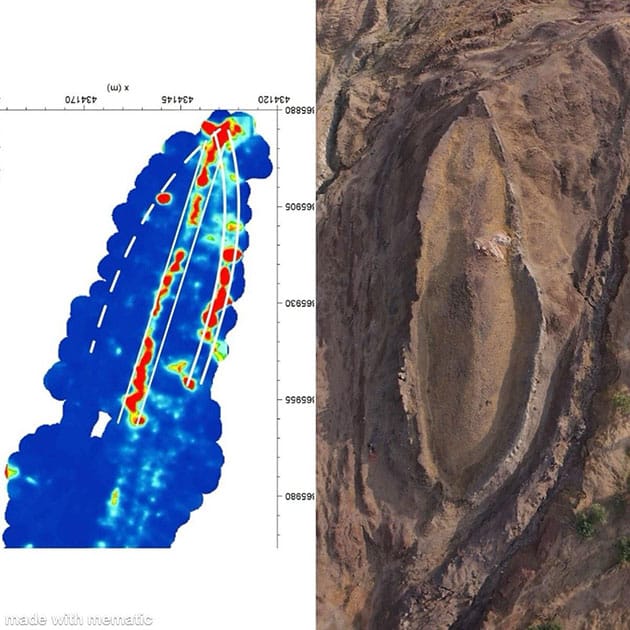 Bodenradar-Untersuchungsergebnisse von 2019 (l.) neben einer Luftaufnahme der Formation (r.), die die linearen und kantigen Strukturen zeigt, zu deren erneuter Untersuchung das BakhtarRadar eingesetzt wurde. Quelle: Bakhtar Research and Engineering & Noah’s Ark Scans