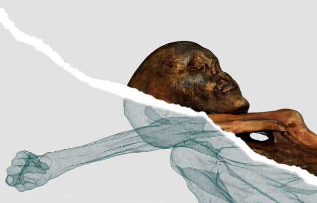 Symbolbild: Gegenüberstellung der digitalen Version mit der realen Mumie des Mannes vom Tisenjoch. Quelle/Copyright: Südtiroler Archäologiemuseum