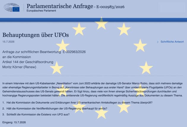 Auszug aus der Anfrage zu „Behauptungen über UFOs“ an die Europäische Kommission. Copyright/Quelle: europarl.europa.eu
