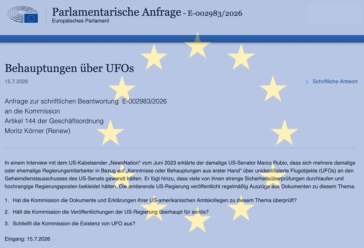Auszug aus der Anfrage zu „Behauptungen über UFOs“ an die Europäische Kommission.Copyright/Quelle: europarl.europa.eu