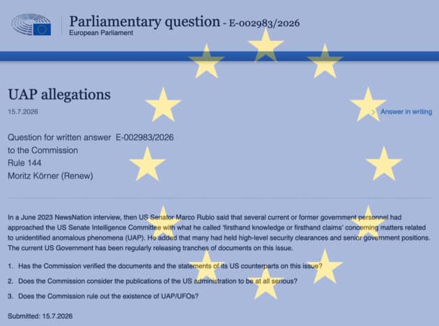 Excerpt from the inquiry concerning “Claims about UFOs” to the European Commission. Copyright/Source: europarl.europa.eu