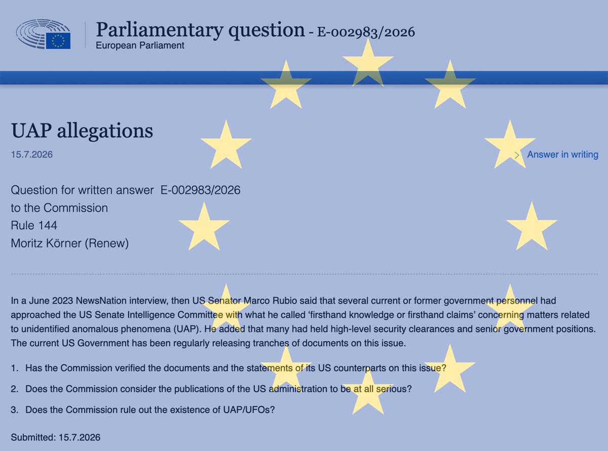 Excerpt from the inquiry concerning “Claims about UFOs” to the European Commission.Copyright/Source: europarl.europa.eu