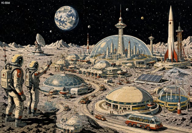 Utopisches Szenario einer Mond-Stadt (Illu.). Copyright: grewi.de (KI erstellt)