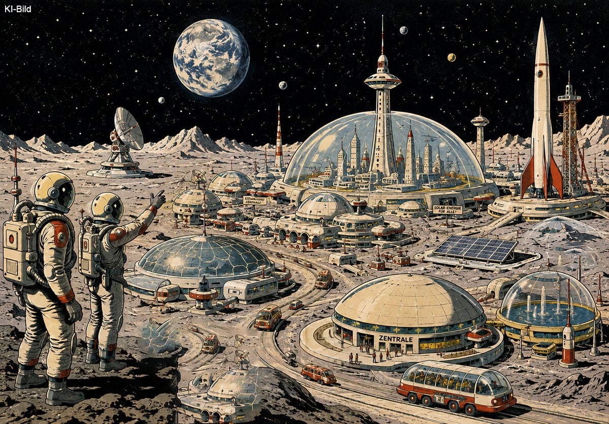 Utopisches Szenario einer Mond-Stadt (Illu.).Copyright: grewi.de (KI erstellt)