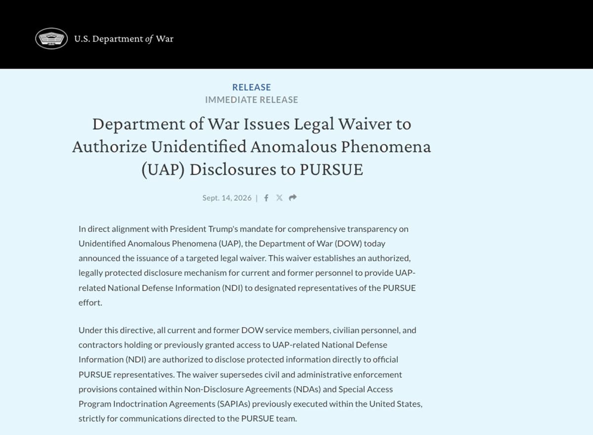 Teilansicht der offiziellen Pressemitteilung des US-Kriegsministerium vom 14.09.2026. Diese entbindet potenzielle UFO-Whistleblower von ihren Verschwiegen- und Geheimhaltungsverpflichtungen – zumindest gegenüber dem PURSUE-System des Dept. of War zur Veröffentlichung von UFO-Regierungsdokumenten.Copyright: www.war.gov