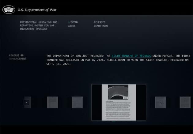 Startseite des „Presidential Unsealing and Reporting System for UAP Encounters“ (PURSUE) zur sechsten Aktentrache vom 18. Seotember 2026. Copyright: www.war.gov/UFO