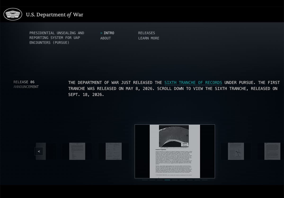 Startseite des „Presidential Unsealing and Reporting System for UAP Encounters“ (PURSUE) zur sechsten Aktentrache vom 18. Seotember 2026.Copyright: www.war.gov/UFO