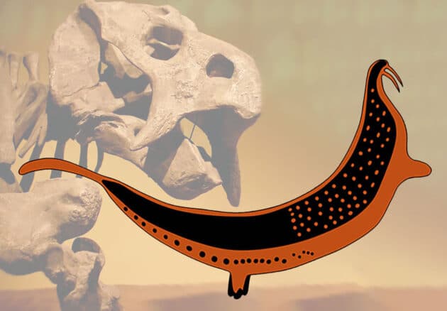 Zeichnerische Abbildung des Felsenbildes eines mythologischen Fabelwesens der San auf dem „Horned Sperpent“-Panel in der südafrikanischen La Belle France-Region (Illu.) vor dem Hintergrund der Fossilien eines Dicynodonten. Copyright/Quelle: J. Benoit / PLoS One, 2025 (Illu.), Christopher Holden (via WikimediaCommons) / CC BY-SA 2.0