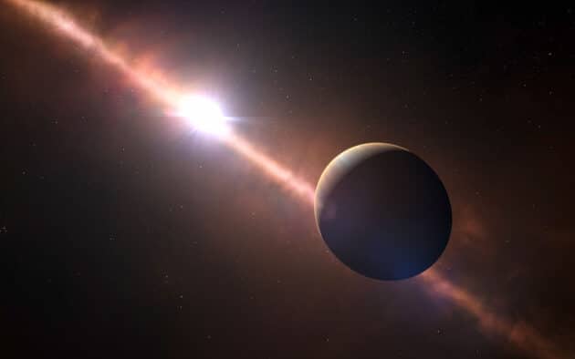 Künstlerische Darstellung des Exoplaneten Beta Pictoris b auf einer Umlaufbahn um seinen Stern (Illu.). Copyright: ESO L. Calçada/N. Risinger / skysurvey.org