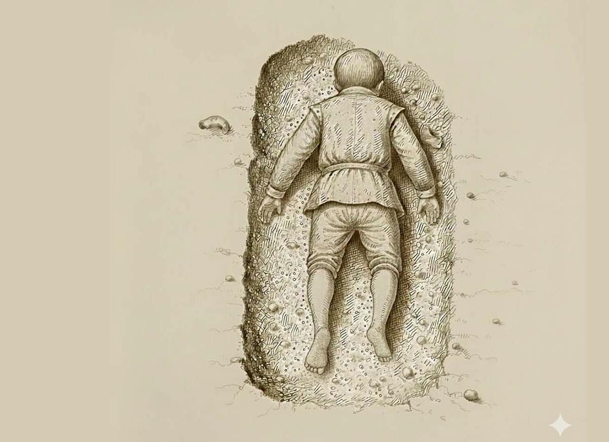 Grafische Rekonstruktion einer Bauchbestattung eines Kindes im polnischen Pien (Illu.).Copyright: Pień - badania archeologiczne und TSE Ewolucja