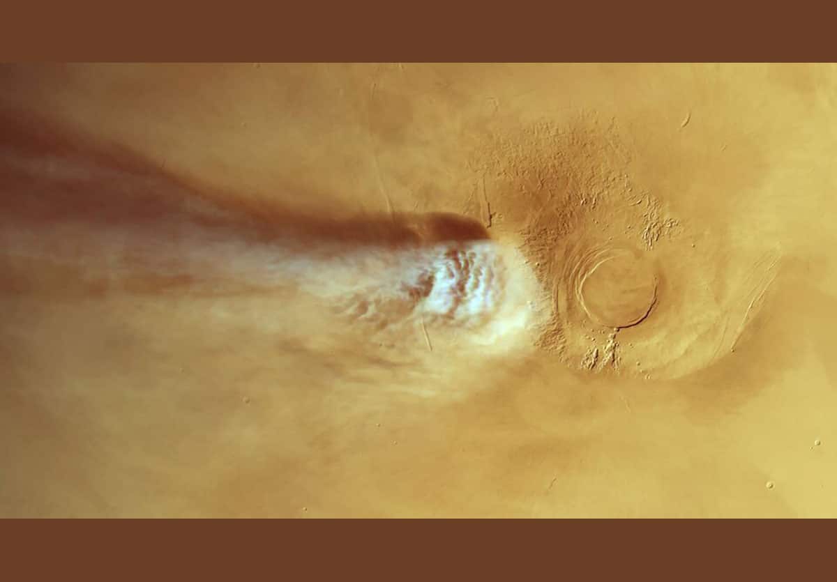 Blick der ESA-Sonde „Mars Express“ auf die „Arsia Mons Elongated Cloud“ (AMEC) im Juni 2024.Copyright/Quelle: ESA/DLR/FU Berlin / CC BY-SA 3.0 IGO / ESA Standard Licence