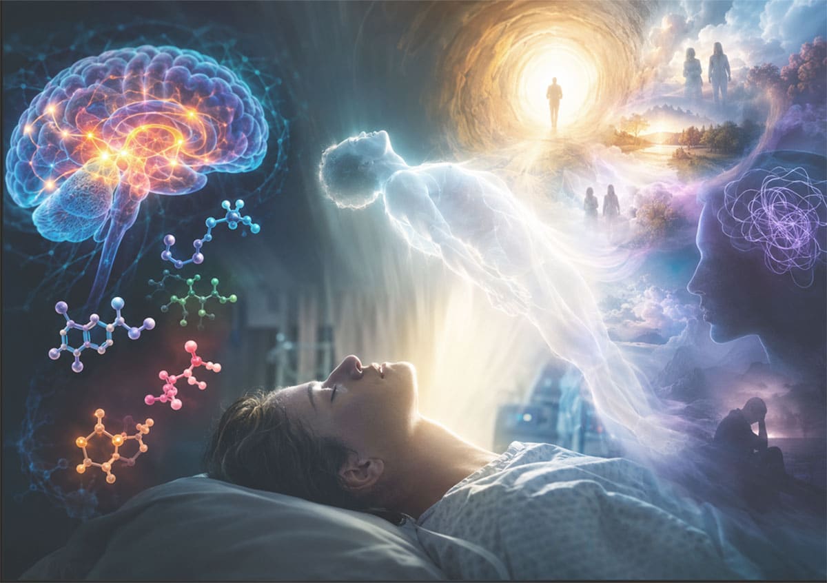 Grafische Darstellung psychologischer und psychoaktiver Erklärungen für Nahtoderfahrungen (Illu.)Copyright: grewi.de (KI erstellt)