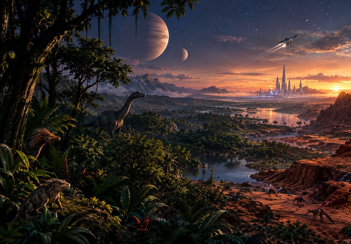 Grafische Darstellung unterschiedlicher Entwicklungsstufen des Lebens auf einem Exoplaneten (Illu.).Copyright: grewi.de (KI erstellt)