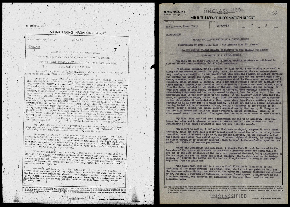 Zum Vergleich: Die bislang verfügbare, jedoch kaum lesbare Version der Blue-Book-Akte zur Sassari-Sichtung (l.) und der neue PURSUE-Scan (r.).Quelle: US Gov./NatArchives/DOW/PURSUE