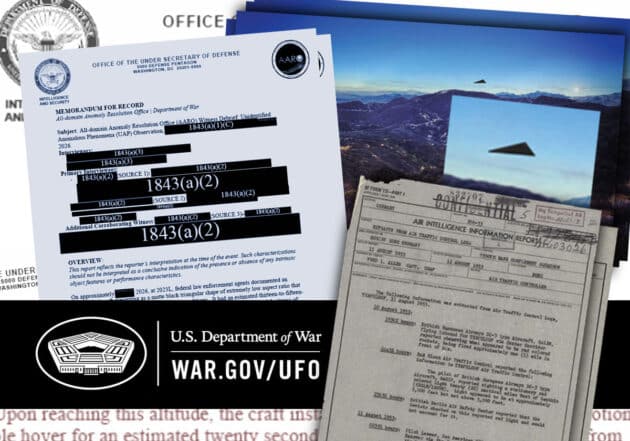 Bildauszüge der aktuell mit der 7. Tranche der US-UFO-Akten veröffentlichten Dokumente. Quelle: US Gov./DOW/PURSUE