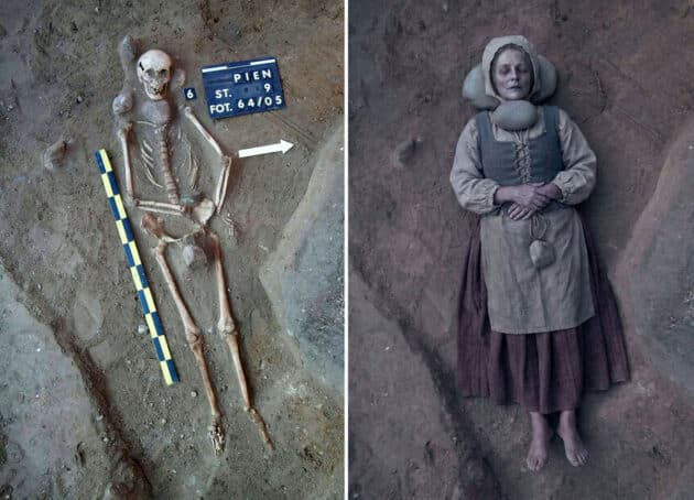 Die einstige Fundsituation (l.) und KI-grafische Rekonstruktion des Grabes der alten Frau von Pień. Copyright: www.facebook.com/pien.badaniaarcheologiczne