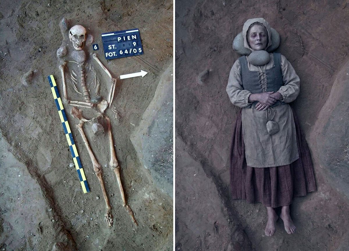 Die einstige Fundsituation (l.) und KI-grafische Rekonstruktion des Grabes der alten Frau von Pień.Copyright: www.facebook.com/pien.badaniaarcheologiczne