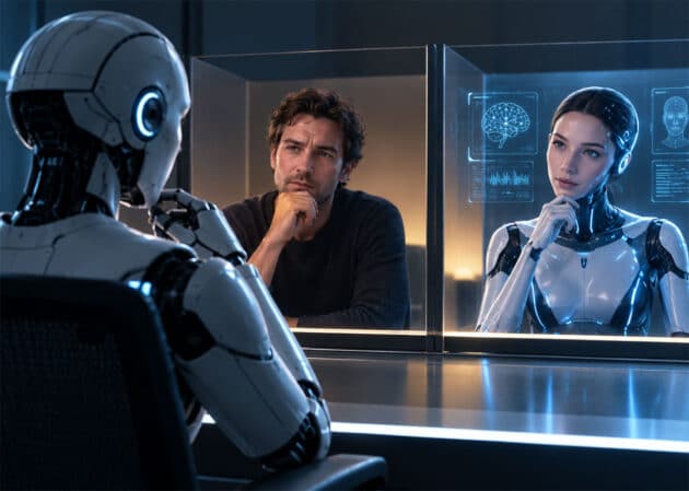 Grafische KI Darstellung von KI-Systemen im umgekehrten Turing-Test (Illu). Copyright: grewi.de (KI erstellt)