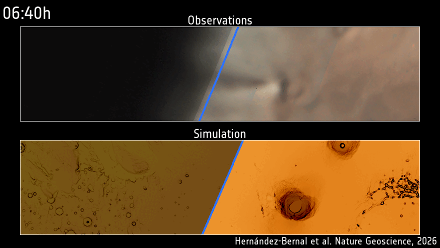 Tatsächliche Beobachtung der Entwicklung und Dynamik der AMEC (o.) und die übereinstimmende Simulation (u.).Copyright/Quelle: ESA/EHU (o.); Hernandez-Bernal et al., Nature Geoscience 2026 (u.) / CC BY-SA 3.0 IGO / ESA Standard Licence